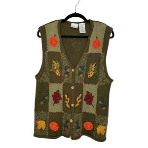 Vtg Bobbie Brooks Women’s Large Fall Knit Sweater Vest Green Patchwork 90s